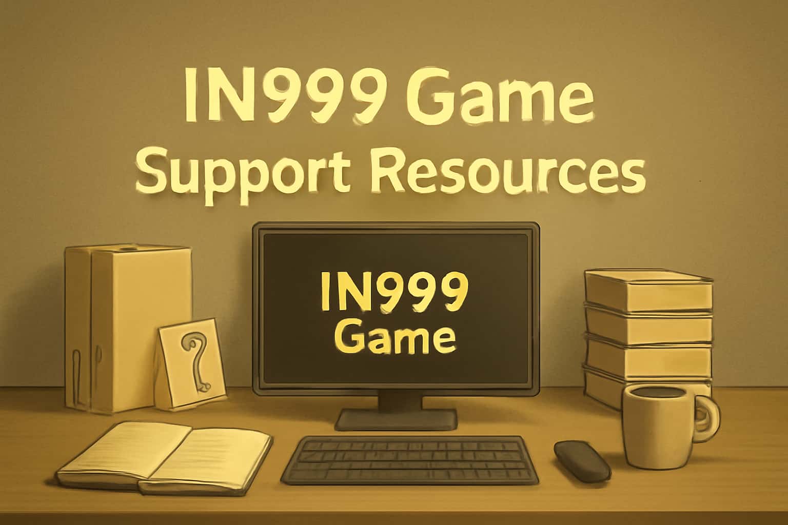 A neutral informative scene showcasing IN999 Game support resources.